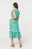 Green | Leaf Print Cap Sleeve Lace Trim Midi Dress
