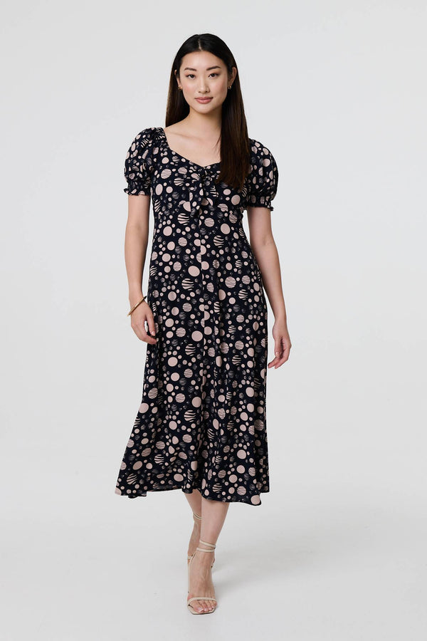 Navy | Polka Dot Print Tie Neck Midi Dress
