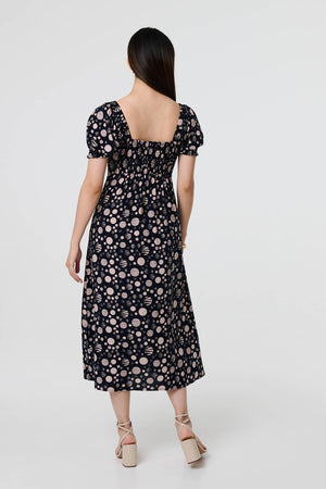 Navy | Polka Dot Print Tie Neck Midi Dress

