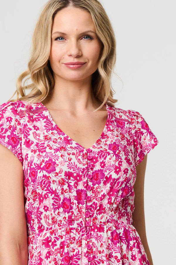 Pink | Floral Cap Sleeve Lace Trim Short Dress
