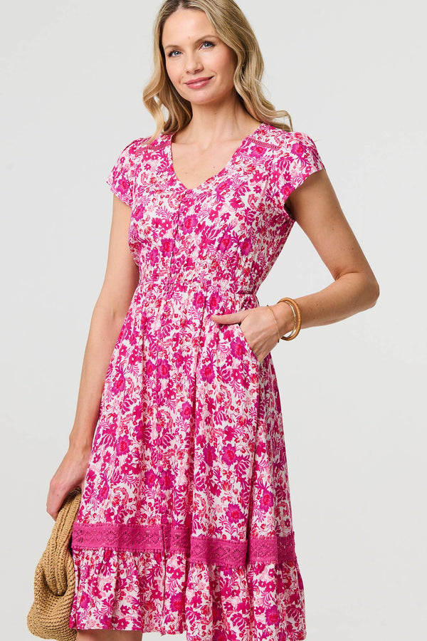 Pink | Floral Cap Sleeve Lace Trim Short Dress
