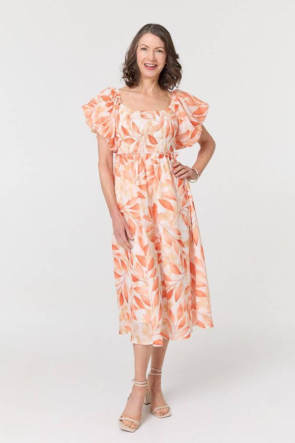 Orange | Leaf Print Short Puff Sleeve Midi Dress : Model is 5'8"/172 cm and wears UK10/EU38/US6/AUS10