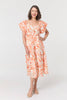 Orange | Leaf Print Short Puff Sleeve Midi Dress : Model is 5'8