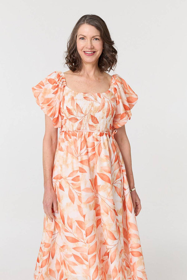 Orange | Leaf Print Short Puff Sleeve Midi Dress
