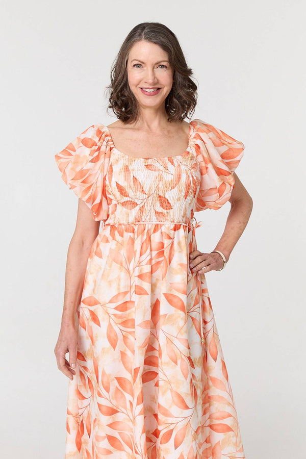 Orange | Leaf Print Short Puff Sleeve Midi Dress
