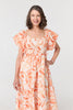 Orange | Leaf Print Short Puff Sleeve Midi Dress
