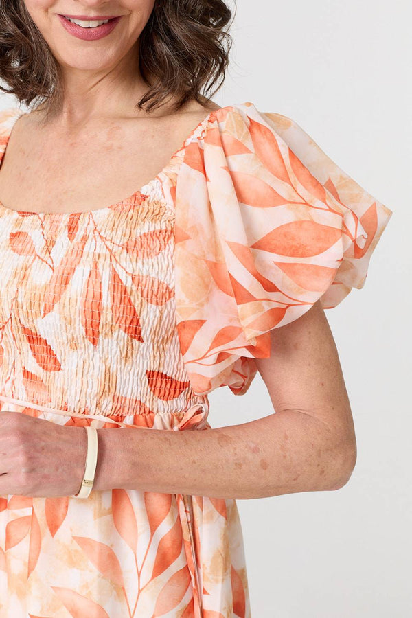Orange | Leaf Print Short Puff Sleeve Midi Dress
