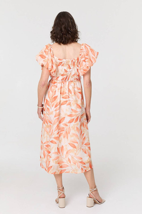 Orange | Leaf Print Short Puff Sleeve Midi Dress
