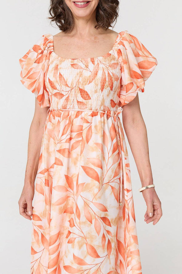 Orange | Leaf Print Short Puff Sleeve Midi Dress
