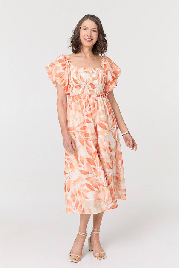 Orange | Leaf Print Short Puff Sleeve Midi Dress
