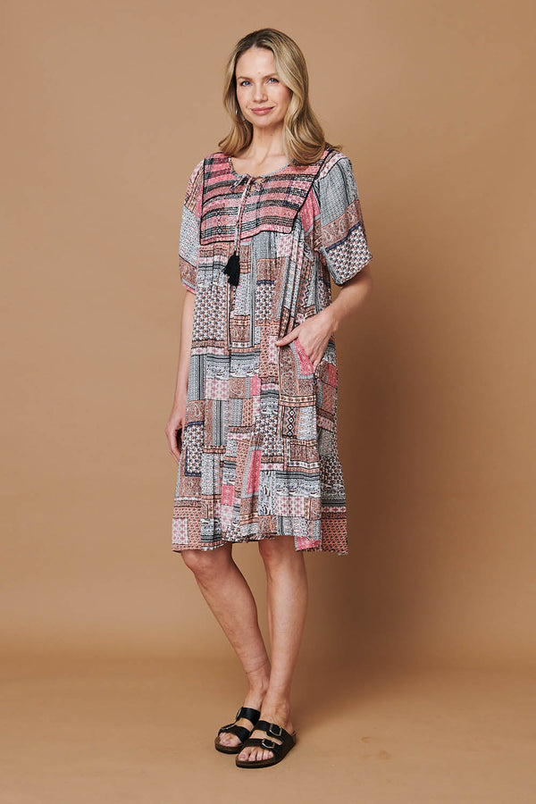 Pink | Patchwork Tassel Knee Length Smock Dress