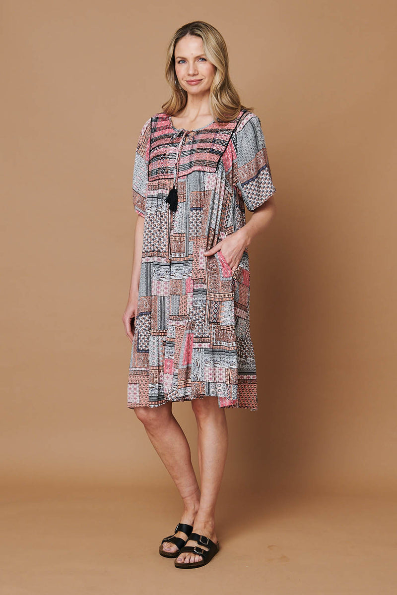 Patchwork Tassel Knee Length Smock Dress