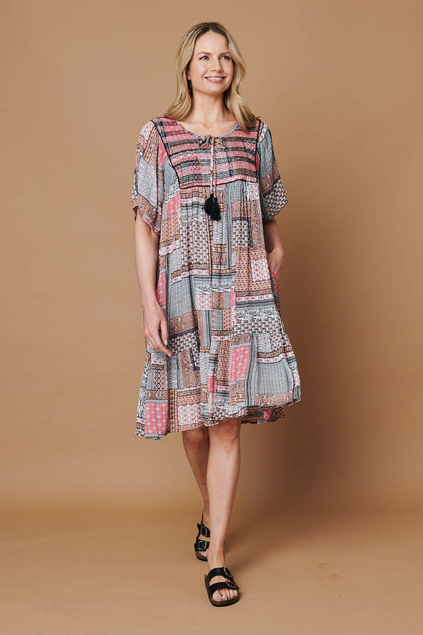 Pink | Patchwork Tassel Knee Length Smock Dress