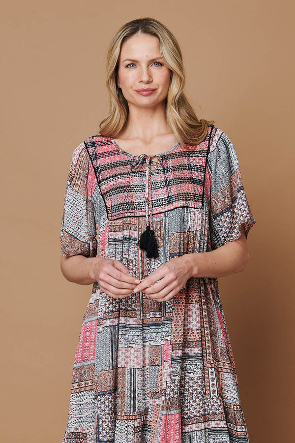 Pink | Patchwork Tassel Knee Length Smock Dress
