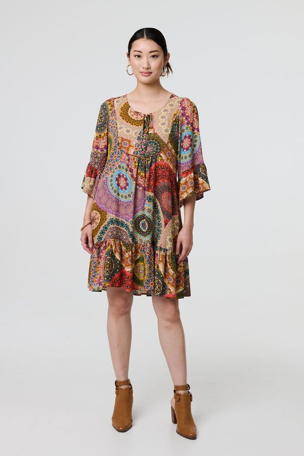 Multi Beige | Kaleidoscope Print 3/4 Sleeve Short Dress
