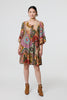 Multi Beige | Kaleidoscope Print 3/4 Sleeve Short Dress
