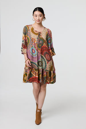 Multi Beige | Kaleidoscope Print 3/4 Sleeve Short Dress
