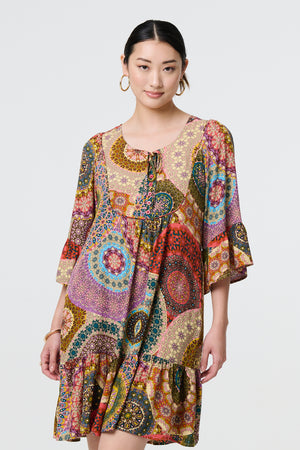 Multi Beige | Kaleidoscope Print 3/4 Sleeve Short Dress
