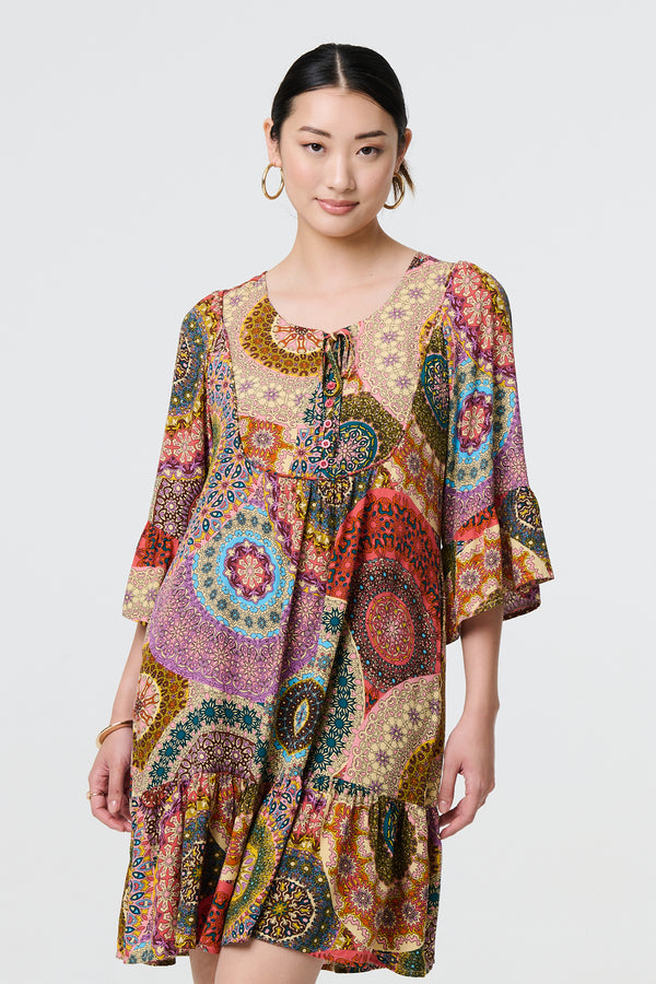 Multi Beige | Kaleidoscope Print 3/4 Sleeve Short Dress

