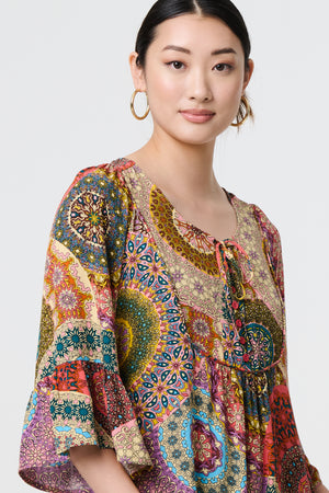 Multi Beige | Kaleidoscope Print 3/4 Sleeve Short Dress
