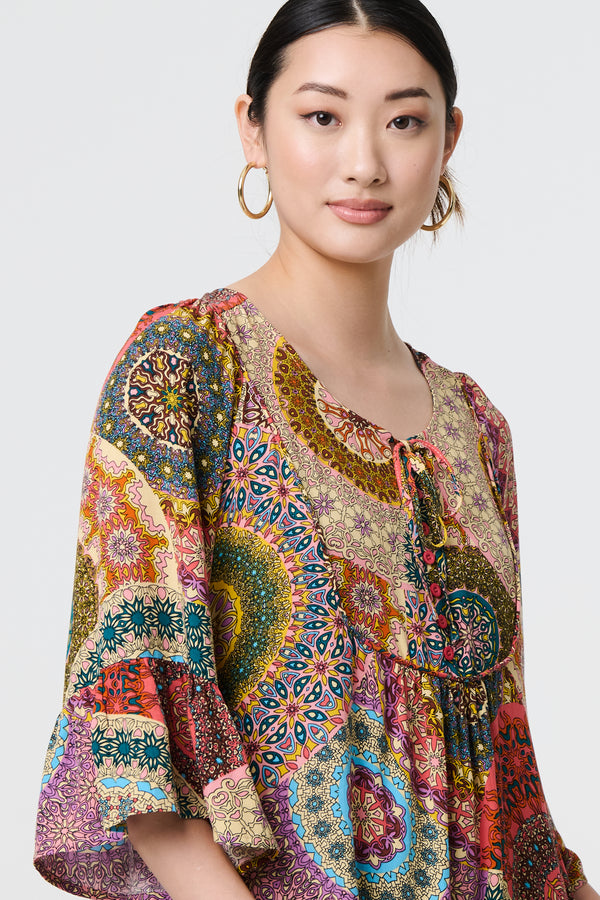 Multi Beige | Kaleidoscope Print 3/4 Sleeve Short Dress
