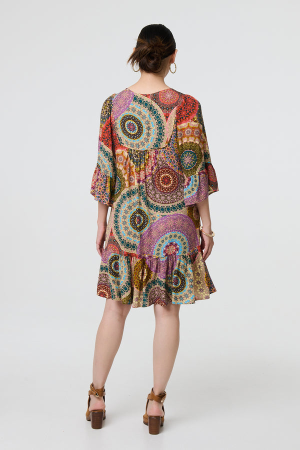Multi Beige | Kaleidoscope Print 3/4 Sleeve Short Dress
