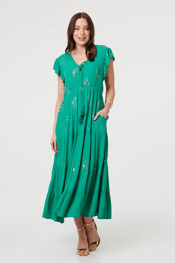 Green | Sequin Detail Cap Sleeve Maxi Dress