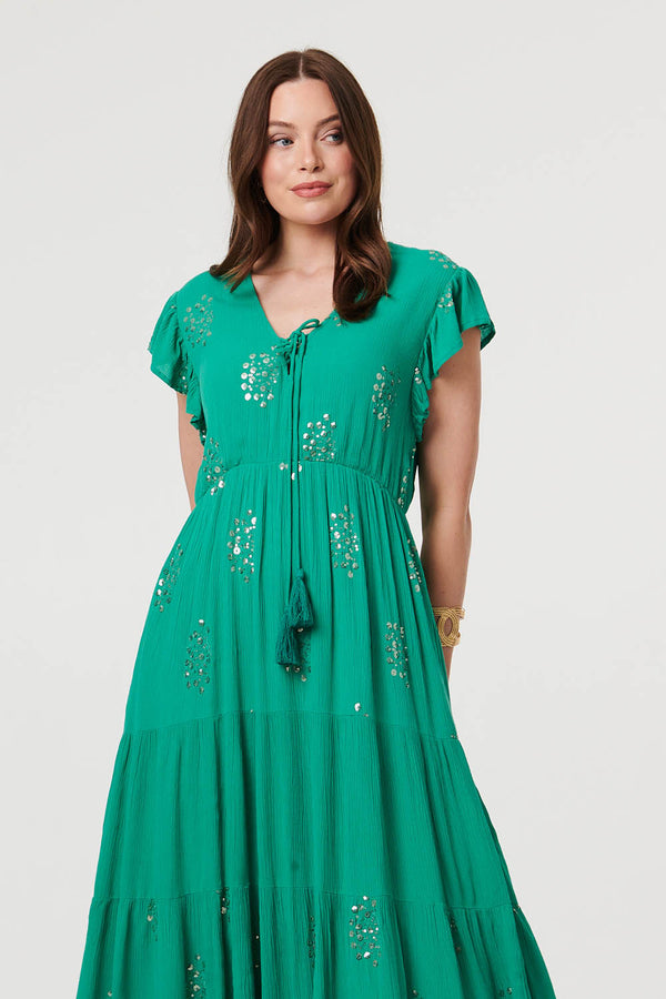 Green | Sequin Detail Cap Sleeve Maxi Dress
