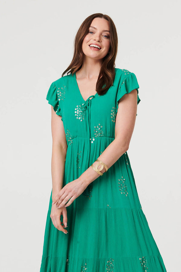 Green | Sequin Detail Cap Sleeve Maxi Dress