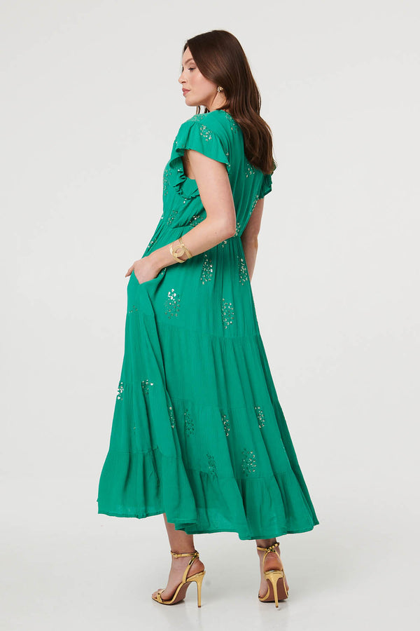 Green | Sequin Detail Cap Sleeve Maxi Dress