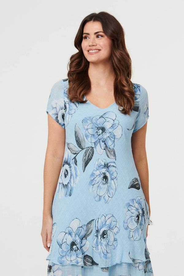 Blue | Floral Frilled Hem Knee Length Dress