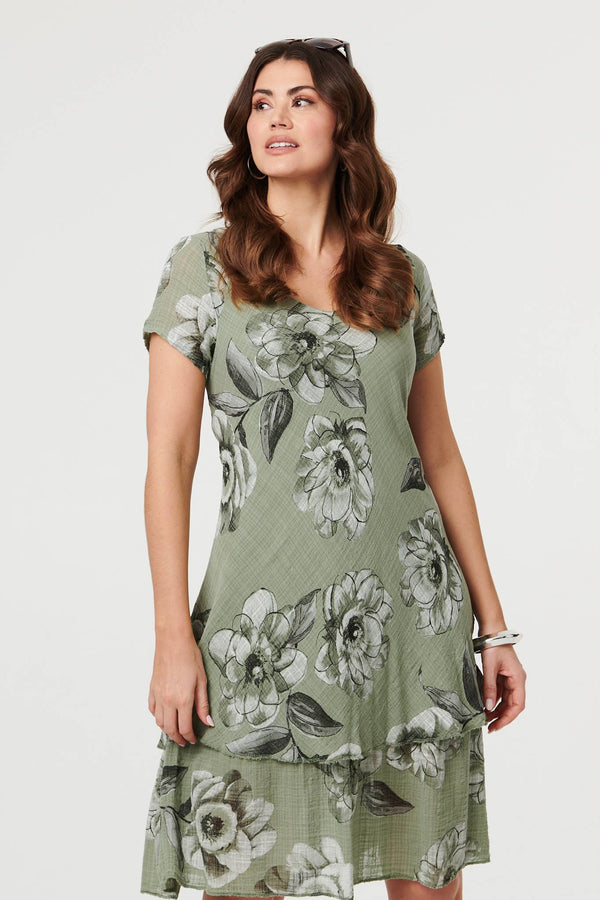 Khaki | Floral Frilled Hem Knee Length Dress