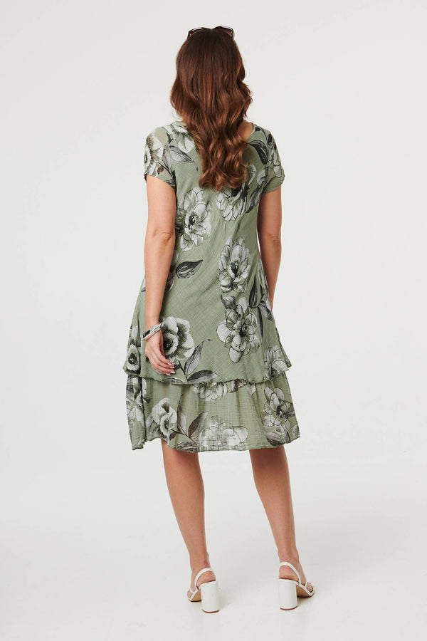 Khaki | Floral Frilled Hem Knee Length Dress