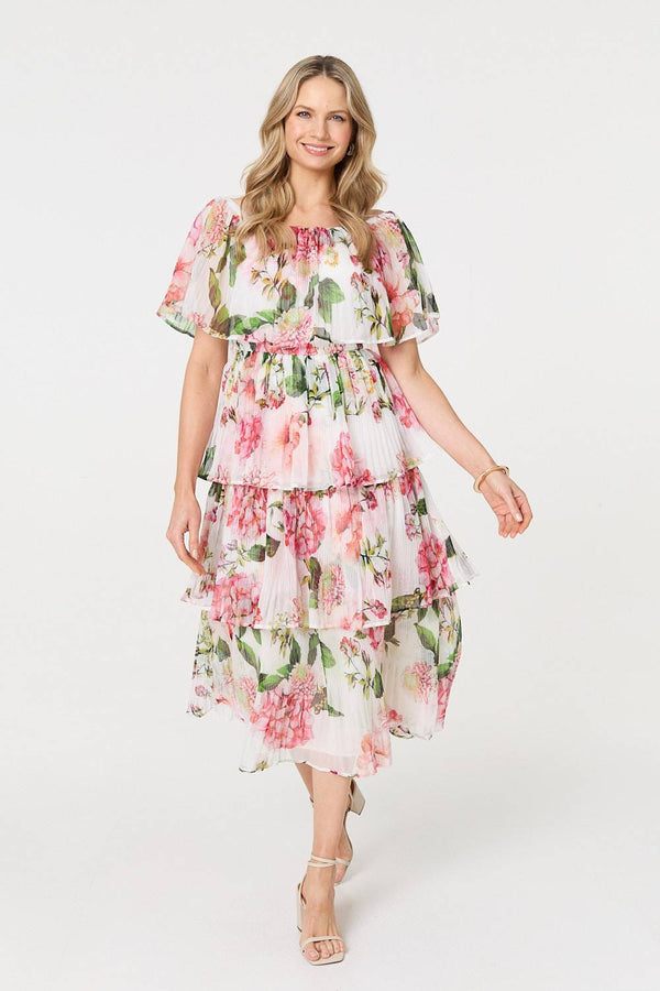 White | Floral Tiered Pleated Midi Dress
