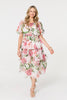 White | Floral Tiered Pleated Midi Dress
