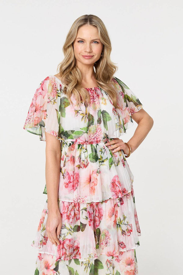 White | Floral Tiered Pleated Midi Dress
