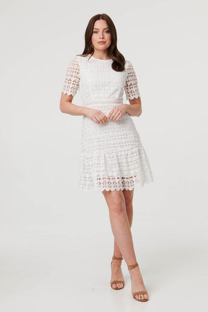 White | Semi Sheer Lace Layer Fitted Short Dress