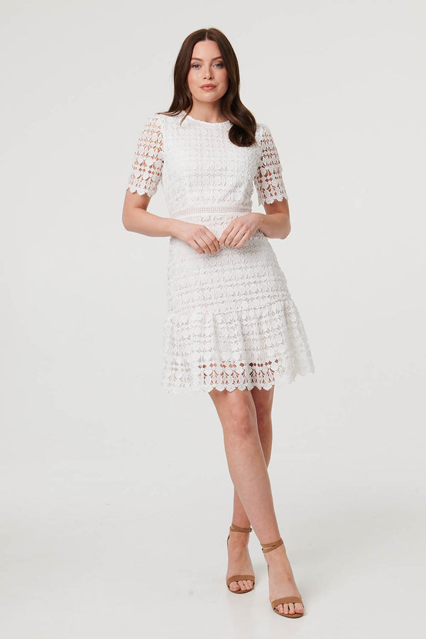 White | Semi Sheer Lace Layer Fitted Short Dress