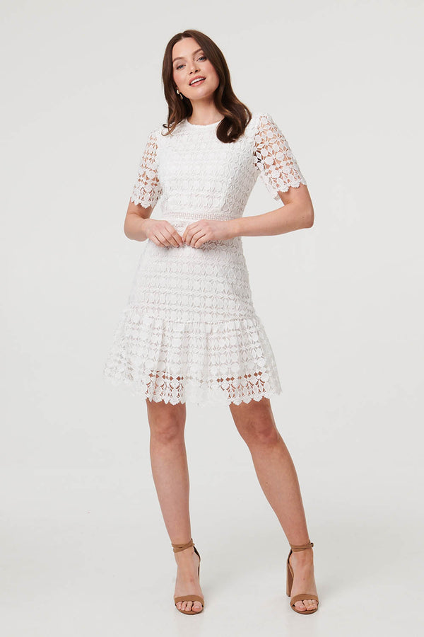 White | Semi Sheer Lace Layer Fitted Short Dress