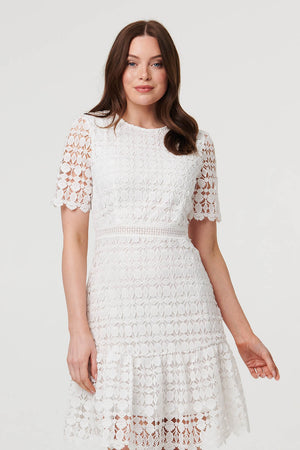 White | Semi Sheer Lace Layer Fitted Short Dress