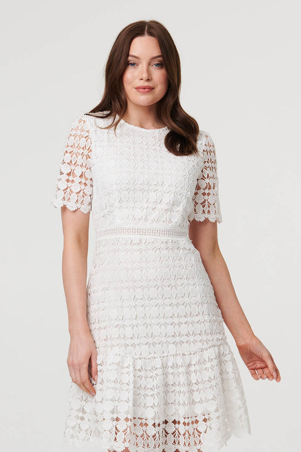 White | Semi Sheer Lace Layer Fitted Short Dress