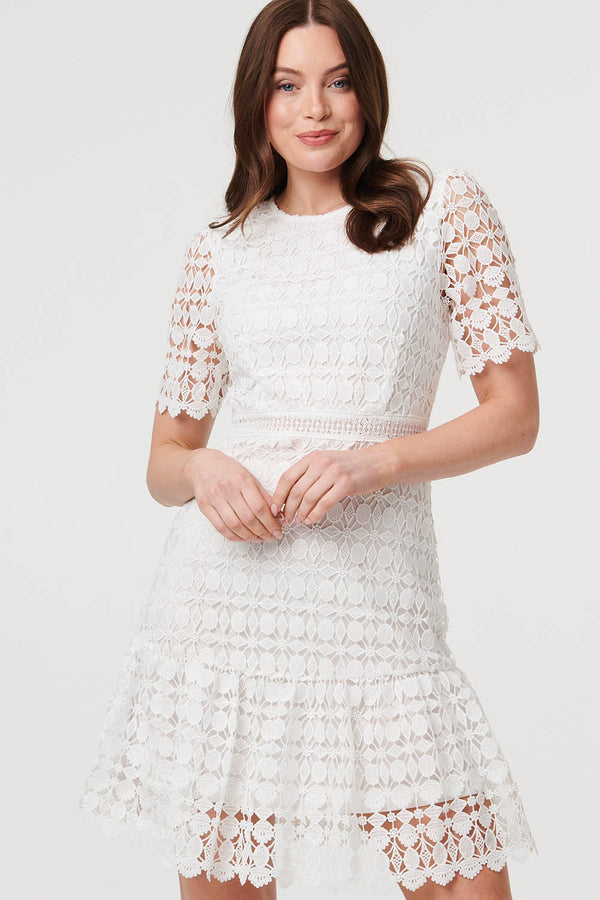 White | Semi Sheer Lace Layer Fitted Short Dress