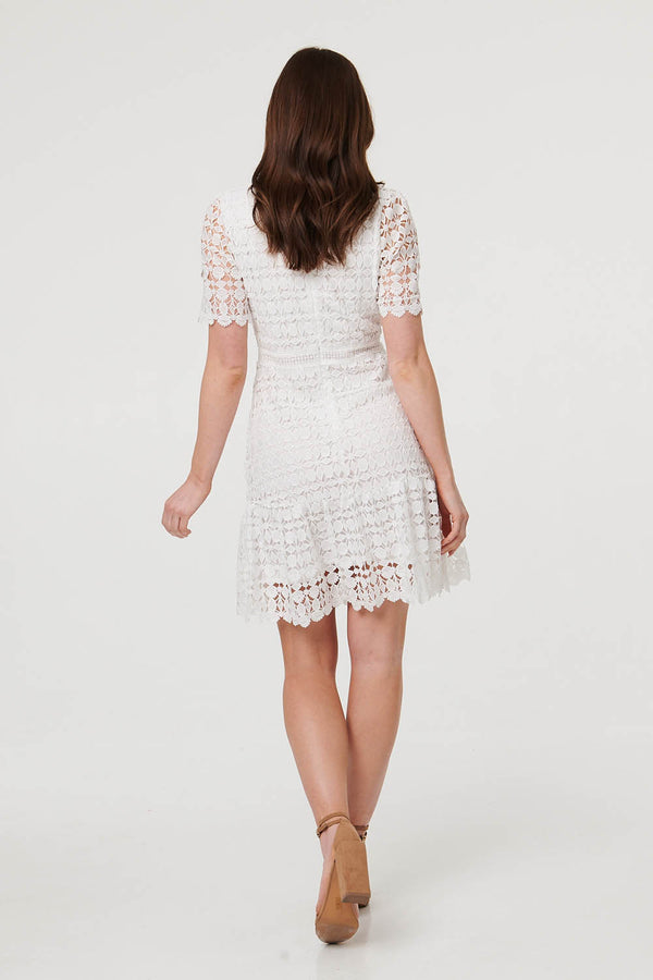 White | Semi Sheer Lace Layer Fitted Short Dress