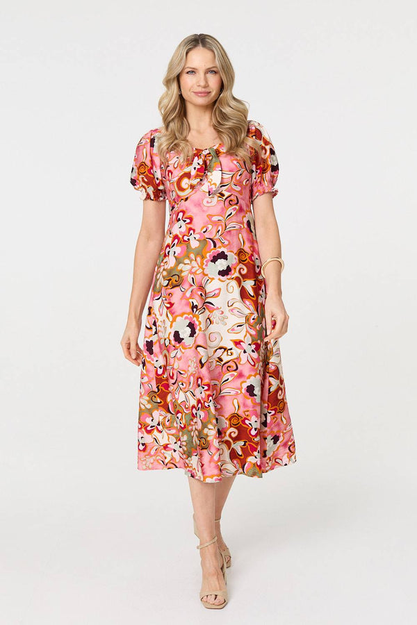 Pink | Floral Tie Neck Puff Sleeve Midi Dress
