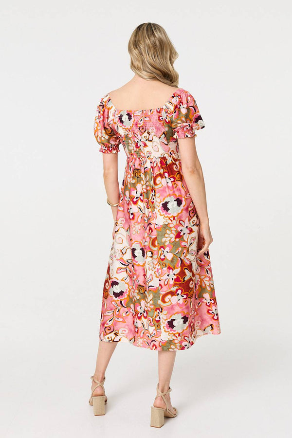 Pink | Floral Tie Neck Puff Sleeve Midi Dress
