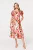 Pink | Floral Tie Neck Puff Sleeve Midi Dress
