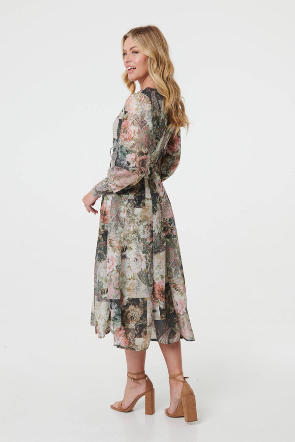 Olive | Patchwork Print Tie Waist Midi Dress
