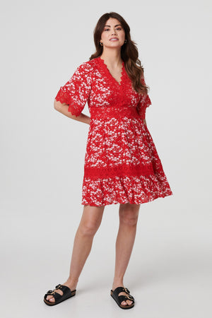 Red | Floral Lace Trim 1/2 Sleeve Mini Dress : Model is 5'9