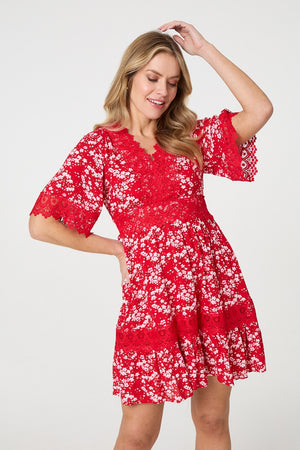 Red | Floral Lace Trim 1/2 Sleeve Mini Dress : Model is 5'10