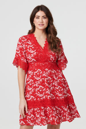 Red | Floral Lace Trim 1/2 Sleeve Mini Dress
